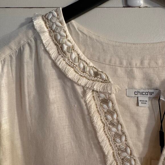 NWT Chico’s Linen Embellished Cap Sleeve Short Dress Tiered XXL / 20-22 Cream - Picture 5 of 11